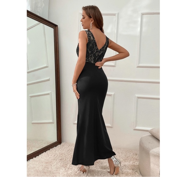 Lace Detail V-Neck Long Black Sheath Dress High Leg Sit Sleeveless - Picture 5 of 7